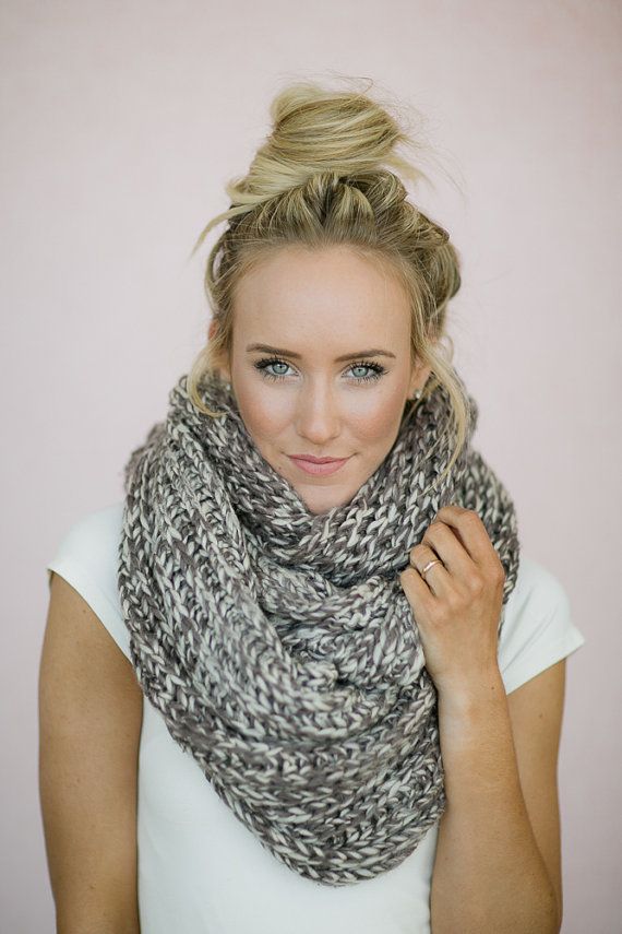 Infinity Scarf Knitted Chunky Mocha Ivory Loop Snood - Oversized Double Large Knitted Scarves