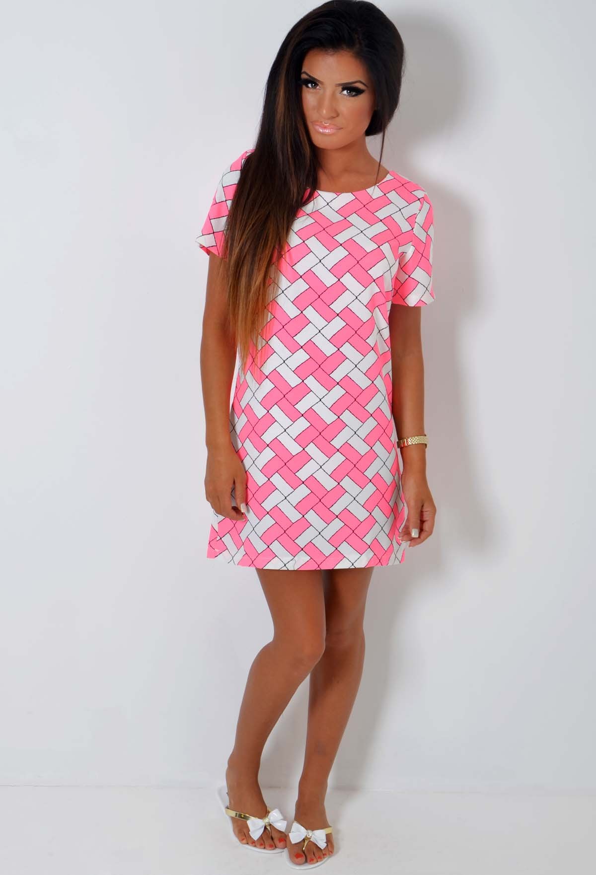 Ingot Neon Pink and Grey Block Print Tunic Dresses