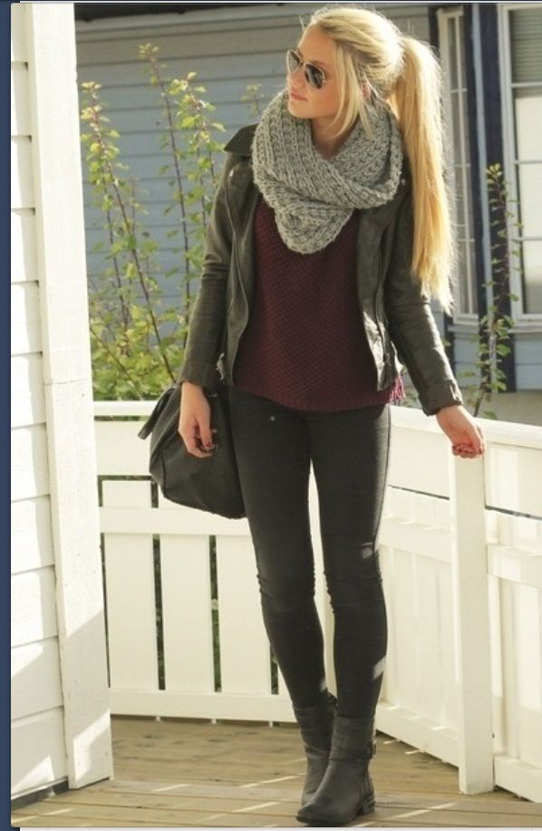 boots, sweater, and scarf.