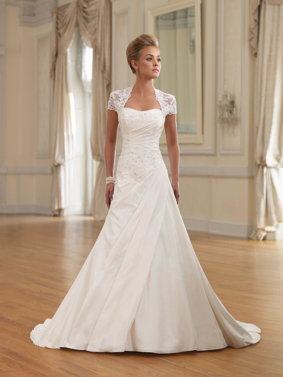 two-piece-taffeta-softly-curved-neckline-side-gathered-bodice-a-line-wedding-dress