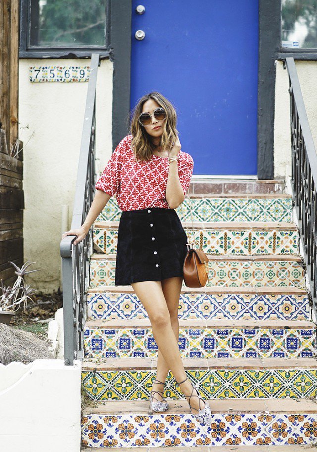 Print-Shirt-with-Suede-Button-Down-Skirt