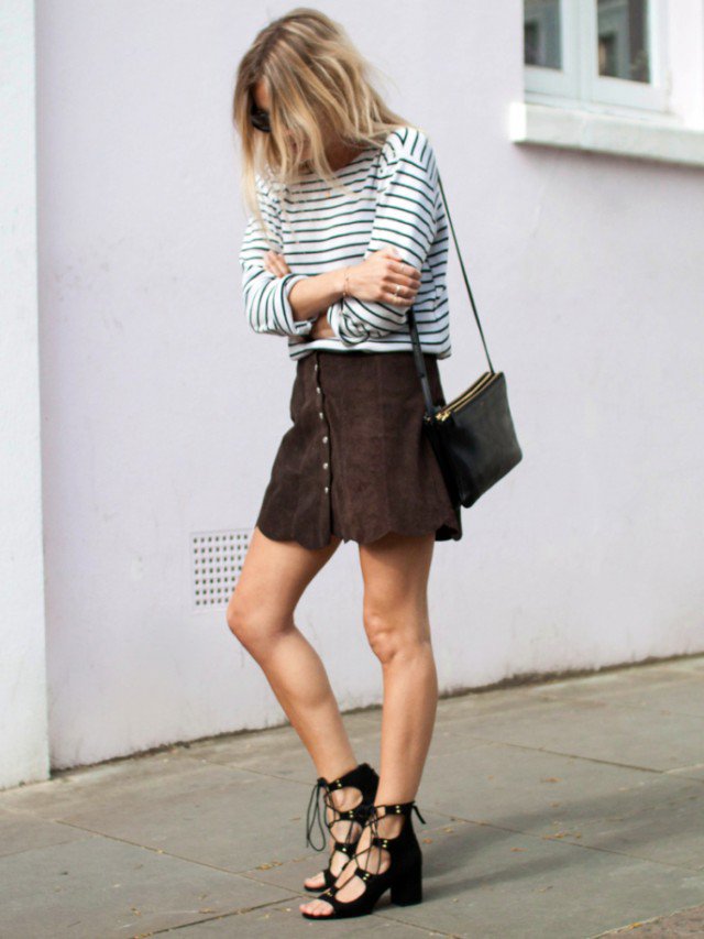Striped-Shirt-with-Suede-Button-Down-Skirt