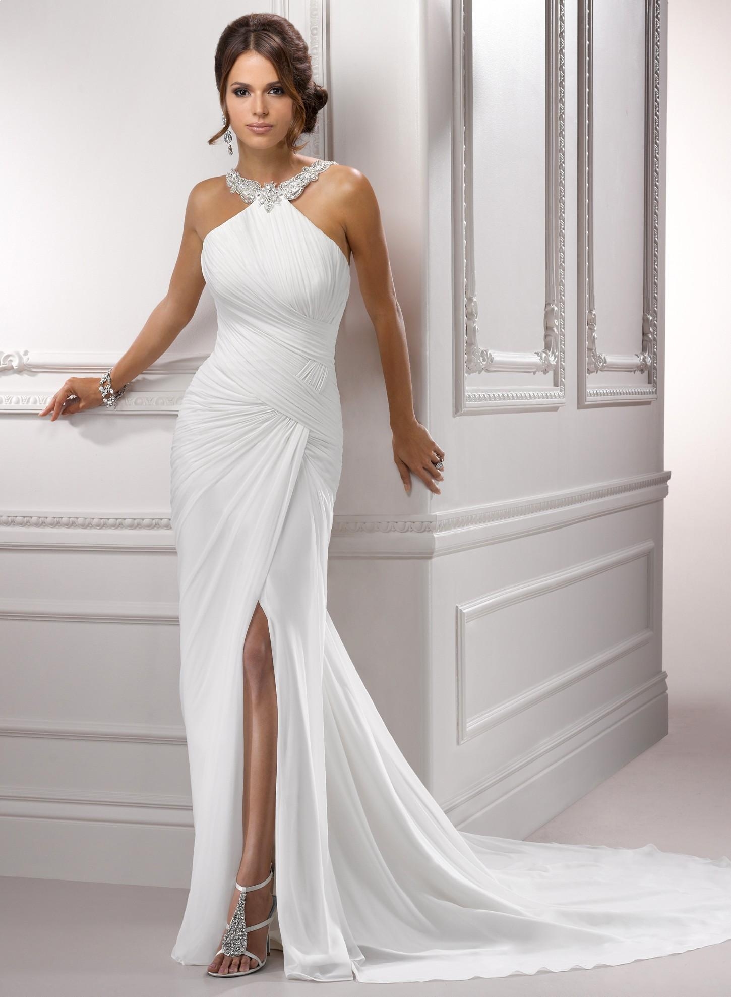 Split Front Chiffon White Simple Design Bride Dress