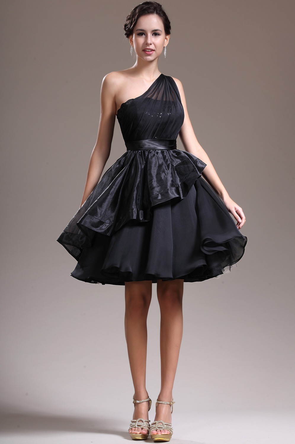 black-one-shoulder-knee-length-organza-a-line-cocktail-dress-with-pleating