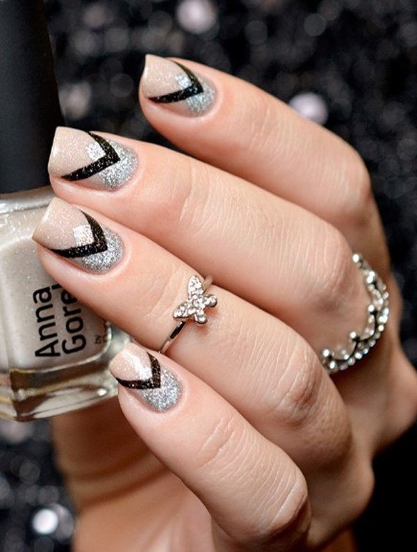 Nude-color-with-gray-glitter-nail-art