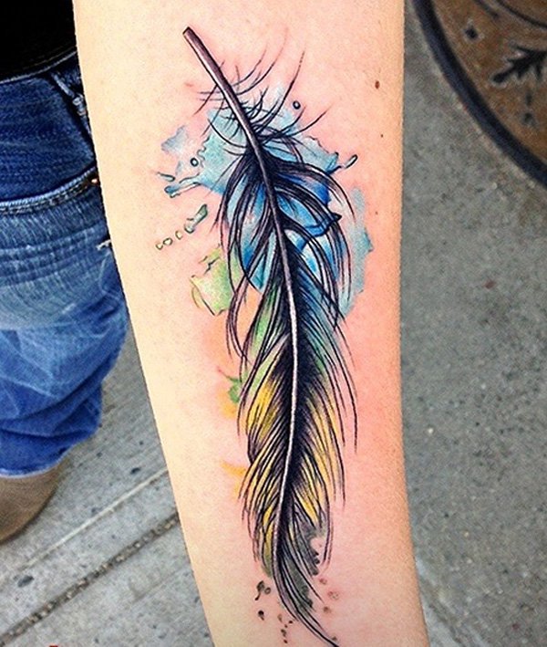 Watercolor-feather-tattoo-on-arm