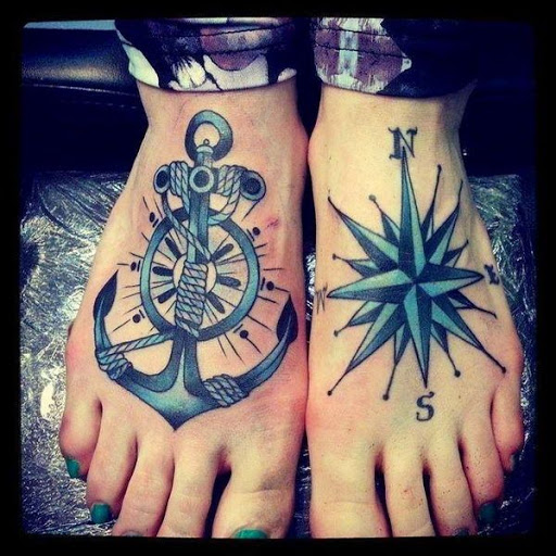 Anchor tattoos designs on foot with compass