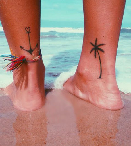 Anchor with heart and coconut tree tattoos designs on Ankle for men and women