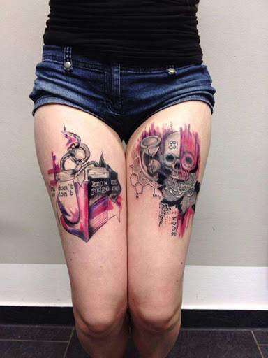 Anchor with quotes and sugar skull tattoo on thigh