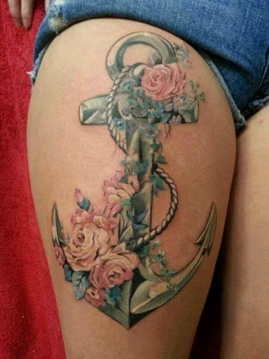 Anchor with rose flowers on thigh for girls