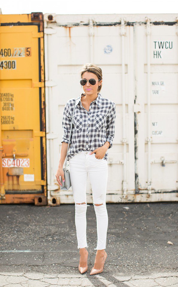 Checkered-Print-Shirt-with-White-Jeans