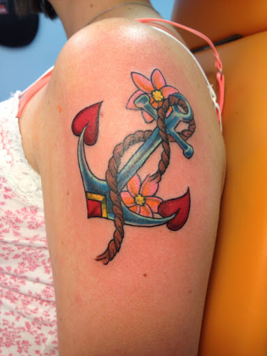 Colorful flowers and Anchor tattoo combination designs for arm