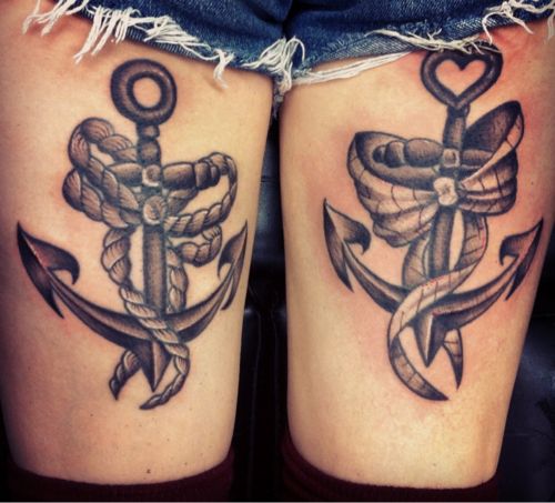 Cute Anchor with bow tattoos designs on thigh