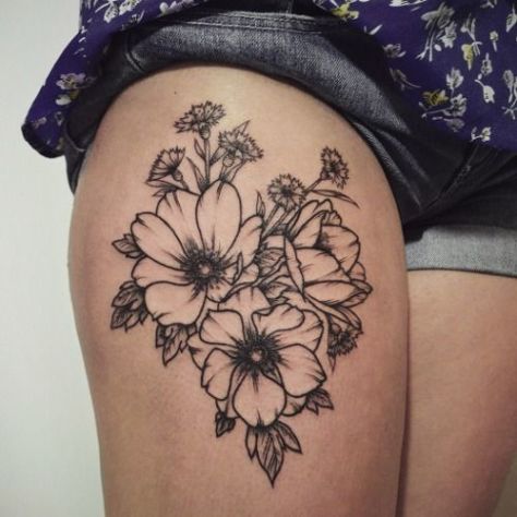 Floral-outline-thigh-tattoo-I-would-like-different-flowers