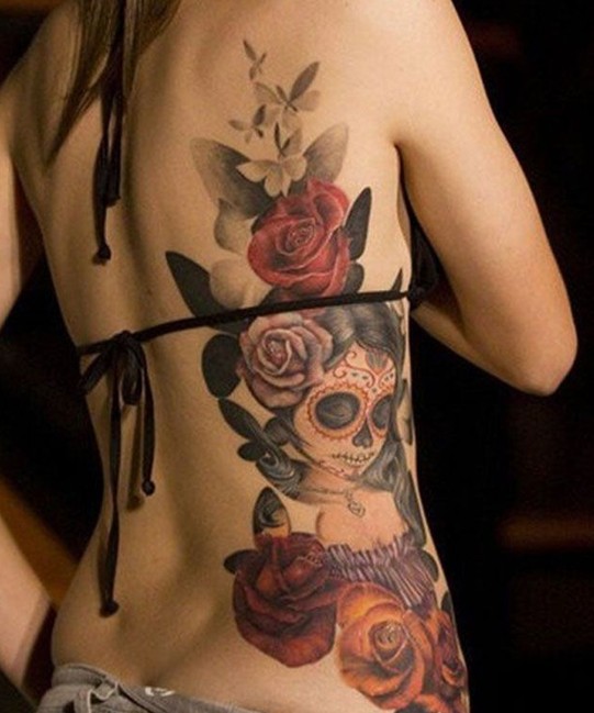 Flower-and-skull-tattoo-design