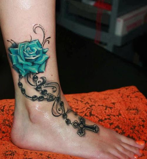 Rose with cross bracelet tattoo with 3d effect