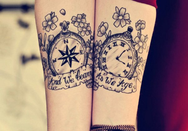 Trendy-Compass-and-watch-matching-tattoos