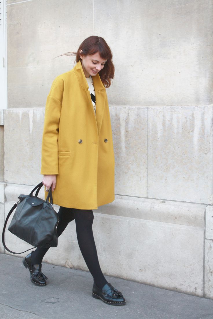 Yellow-Coat-and-Black-Loafers