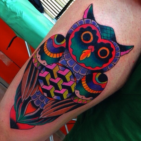 Colorful-Geometric-Owl-Tattoo-Design-For-Arm