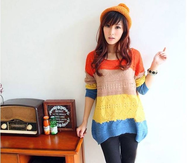 Korean-Fashion-Stripe-Stitching-Loose-Hollow-Sweater-womens-fashion