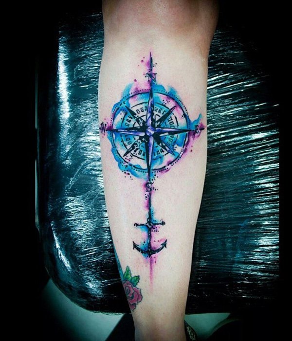 Watercolor-compass-calf-tattoo