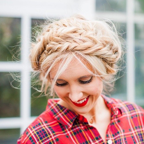 messy-Blonde-updo-with-fishtail-braids