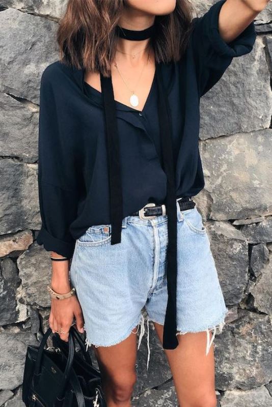 Old-Fashioned-Raw-Hem-Denim-Shorts-With-A-Black-Blouse-And-Skinny-Scarf