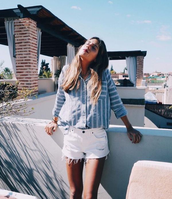 White-Frayed-Denim-Shorts-With-Striped-Button-Down-Shirt