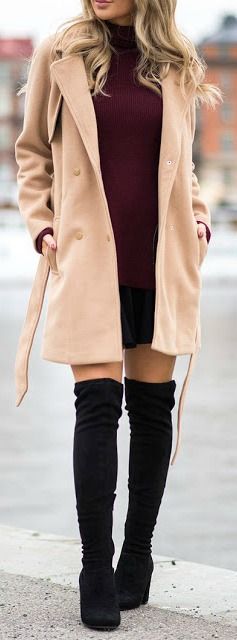 winter-fashion-camel-coat-burgundy-knit-dress
