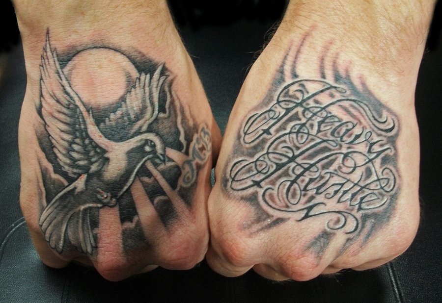 dove-and-script-hand-tattoos