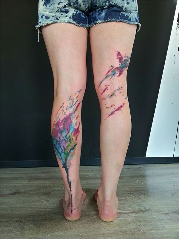 Colorful-Watercolor-Tree-Tattoo-On-Leg