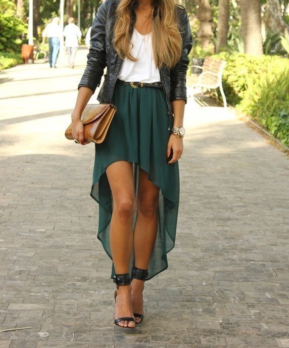 party-outfit-high-low-skirt-chiffon-top-leather-jacket-and-heels