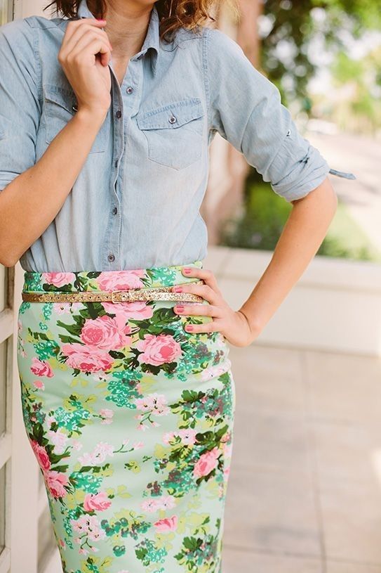 floral-skirt-denim-shirt