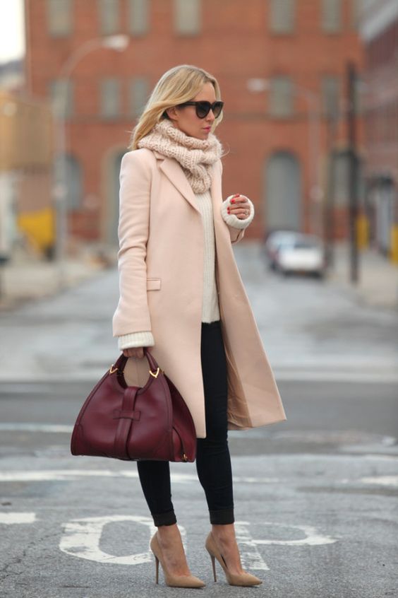 nude-coat-and-burgundy-handbag