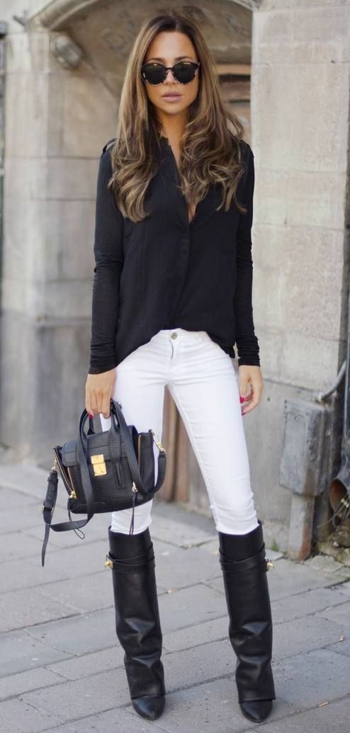 street-chic-style-black-chiffon-shirt-white-skinnies-black-knee-high-boots-black-messenger-bag-black-sunglasses