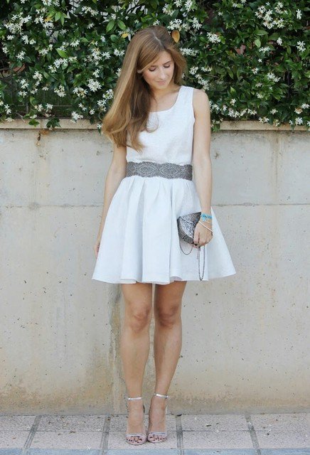 pretty-white-dress-outfit-idea-with-silver-shoes
